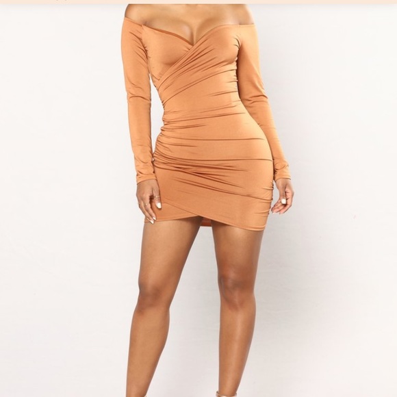 Gold  color dress off the shoulder mini dress - Picture 2 of 3